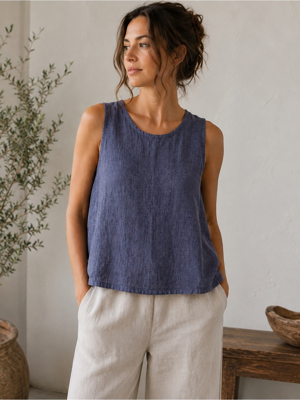 Flax Jeanne Engelhart Sleeveless Linen Top Indigo Purple Lagenlook Breezy S